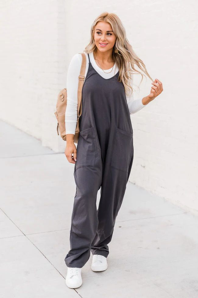 Fashion Big Pocket Solid Color Loose Suspender Overalls Women