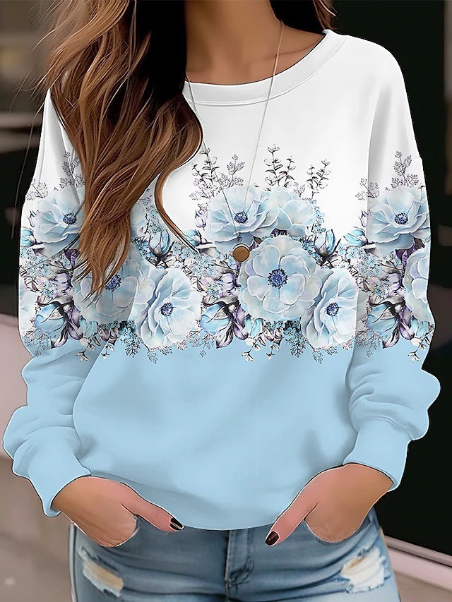 Pullover Sweater Blomster Rund Hals Langærmet