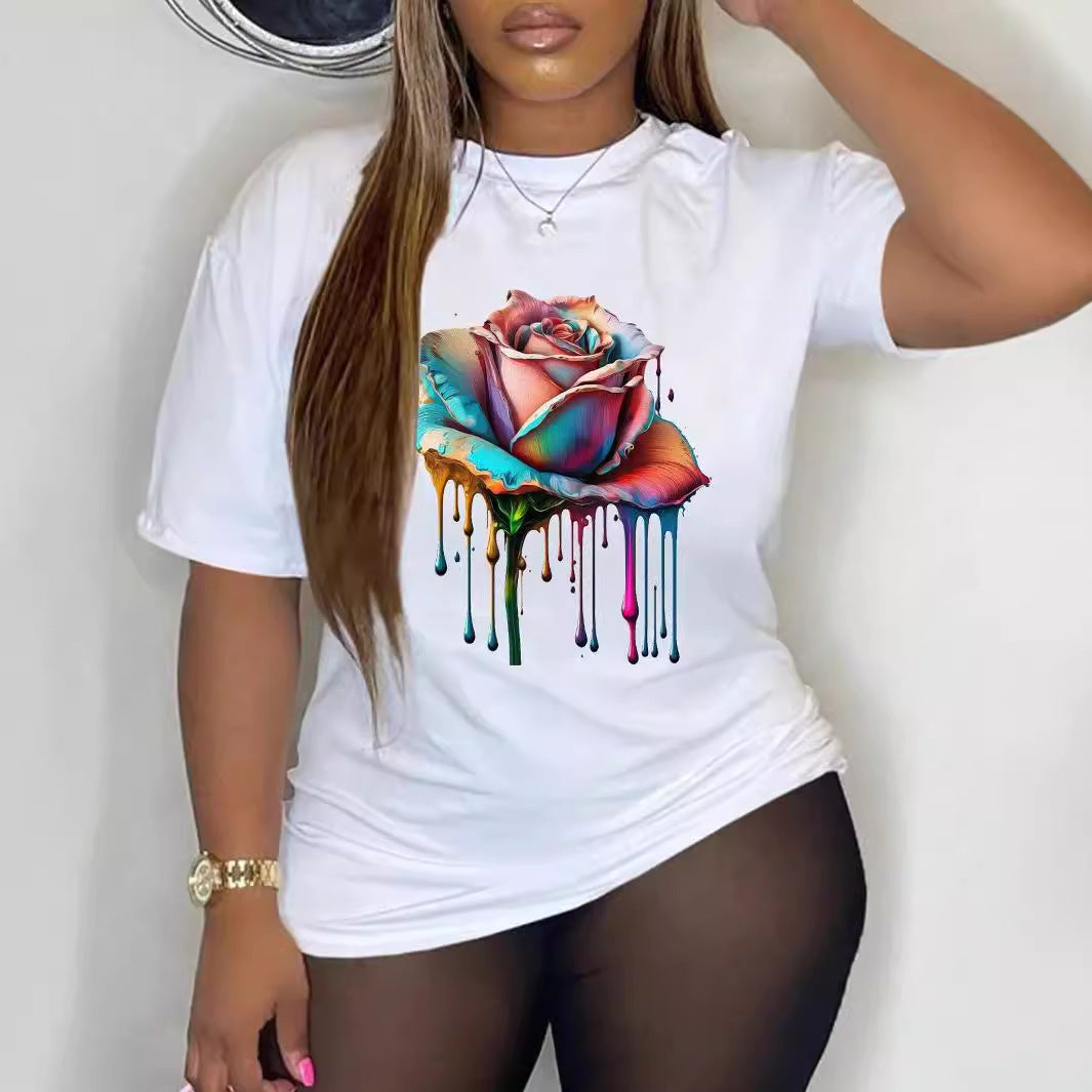 Casual Floral-pattern T-shirt Simple Versatile And Relaxed-fit