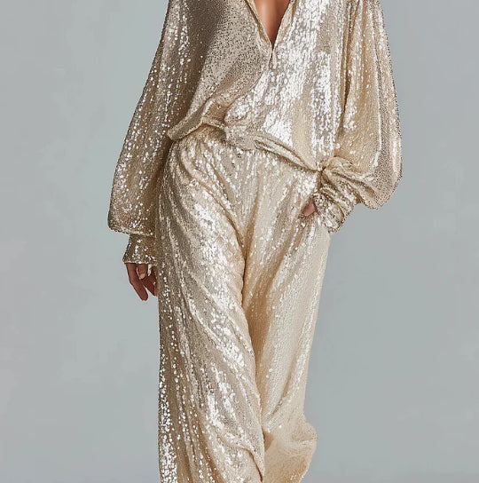 Party-Style Oversized Wide-Leg Champagne Gold Sequin Two-Piece Set