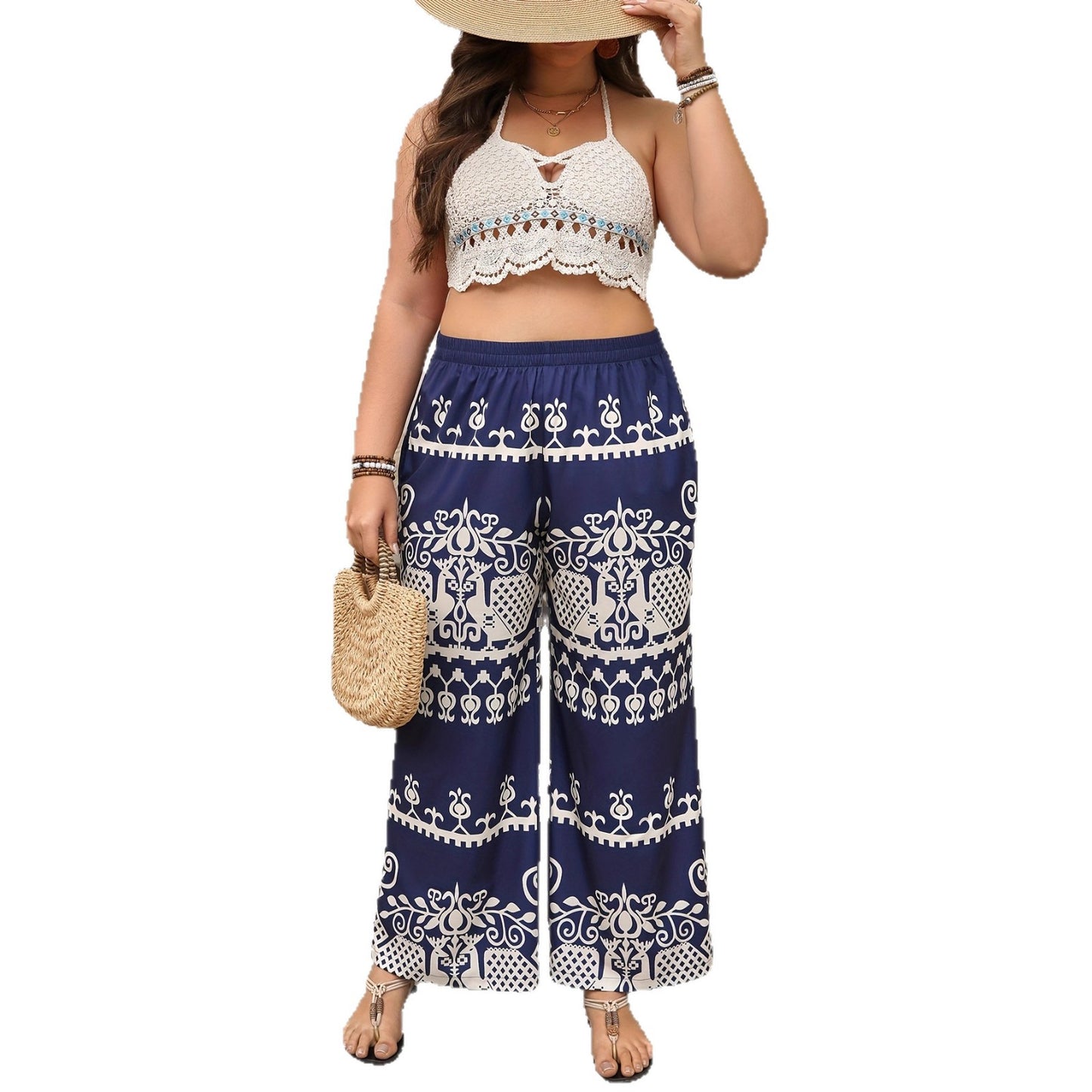 Women's Vacation-Style Loose Wide-Leg Pants With Floral Print