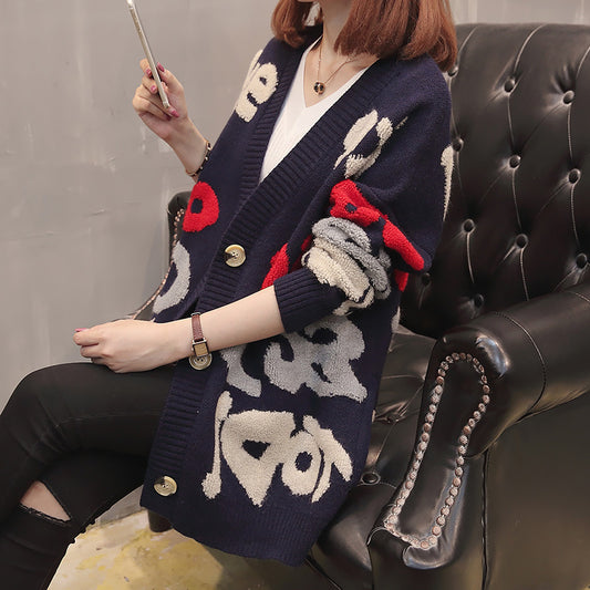 Foreign Trade Korean Style Loose And Idle Style Letter V-neck Mid-length Sweater