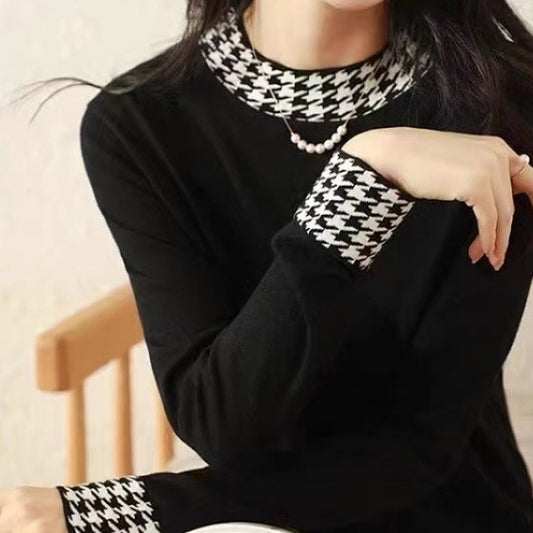 Women's Fashion Houndstooth Stitching Long-sleeved Sweater