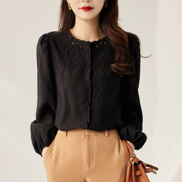 Elegant Style Round Neck Long Sleeve Shirt Lantern Sleeve