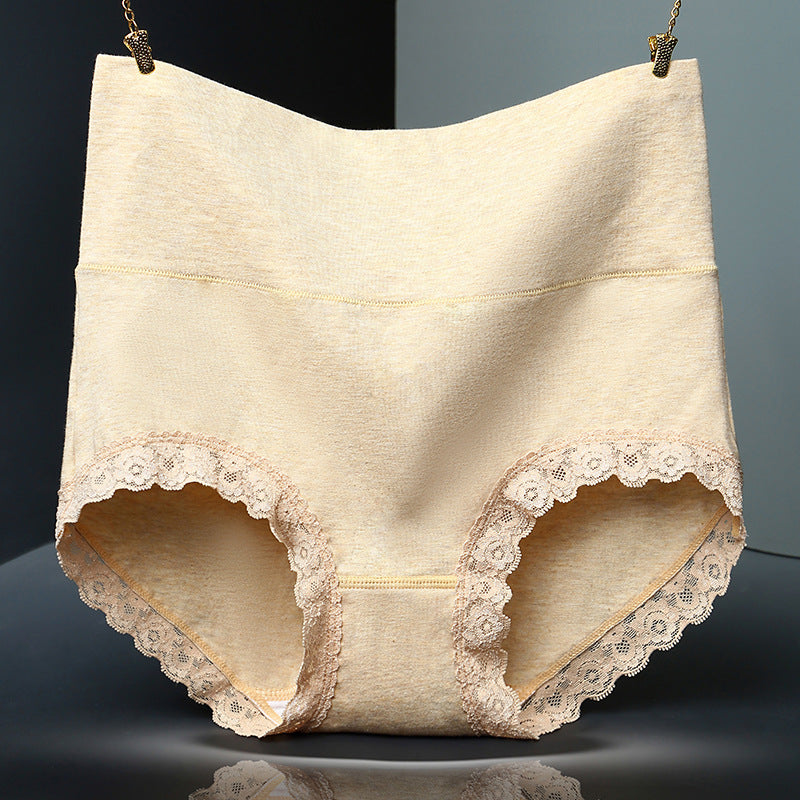 Solid Color Lace Trim Pure Cotton High Waist Briefs
