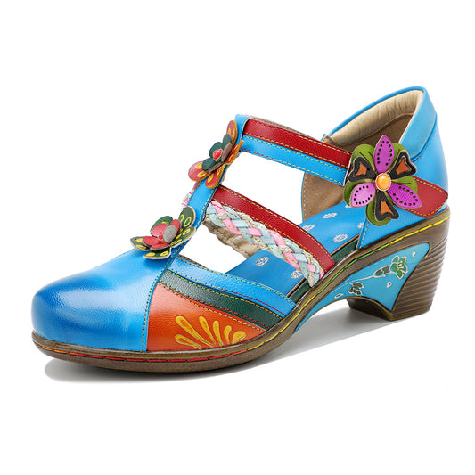 Retro lyse blomster, kontrastfarver, velcro, kilehæl