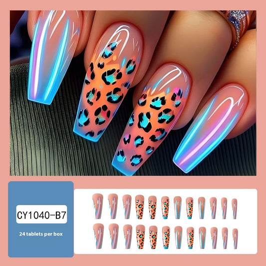 Blue Edge French Gradient Contrast Leopard Print Nail Tips