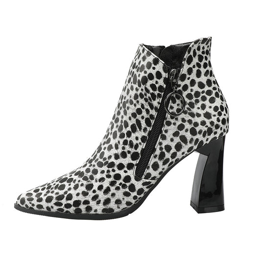 Pointed Martin Net Red Leopard Print Single Boots Thick Heel Side Zipper