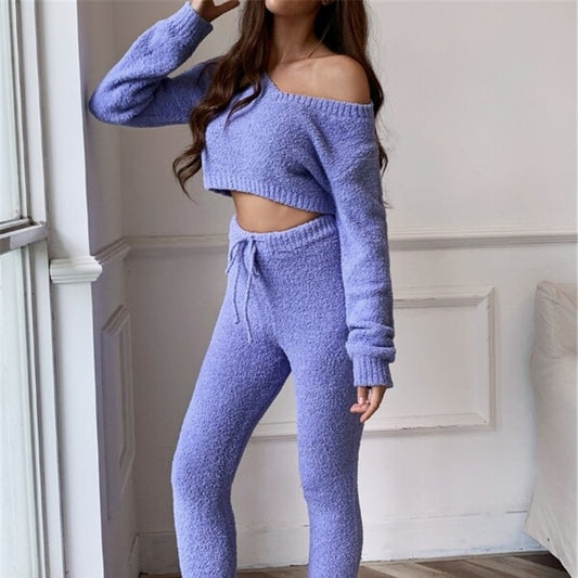 Casual Short Knitted Sweater Plush Suit Women