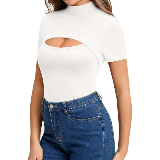 Women's Chest Opening Stretch Slim Fit Short-sleeved Jumpsuit