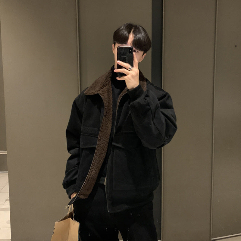 Autumn And Winter Thickening Men's Jacket Casual Korean Retro Pu Shuai Fleece-lined Lamb Wool Lapel Short Coat
