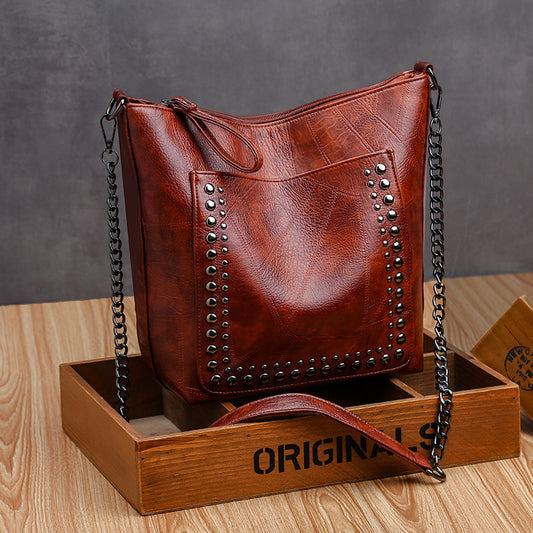 Soft Leather Studded Large Capacity Shoulder Crossbody Bag