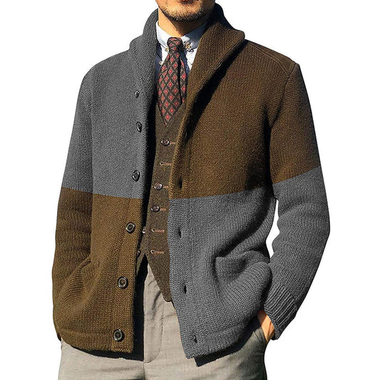Men's Color-blocking Button Long-sleeved Knitted Jacket