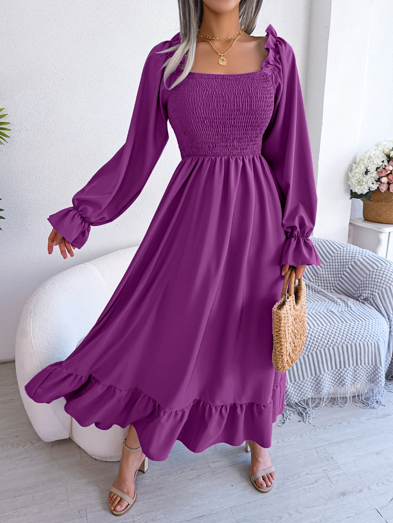 Women's Casual Square Neck Bell Sleeve Flowy Ruffle Maxi Dress