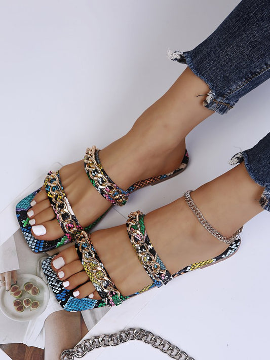 Metal Chain Buckle Snake Print Sandals And Slippers