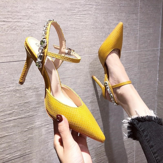 Pointed Toe Sandals Fashion Stiletto Heel Rhinestone Snake Pattern