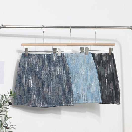 Hot Girl High Waist A- Line Sequined Skirt Shiny Skirt