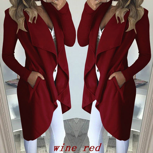 Women's Plus Size Solid Color Polo Collar Slim Fit Long Trench Coat