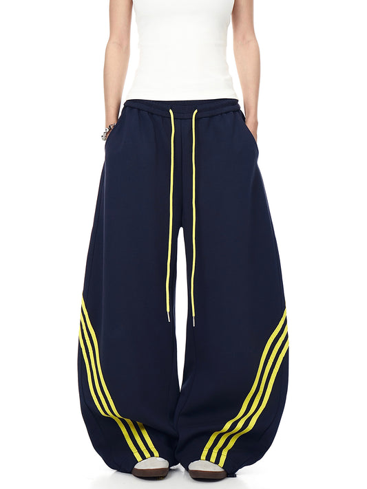 Womens American-Style Retro Striped Color-Block Patchwork Cropped Sweatpants