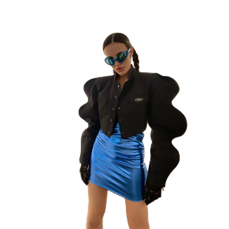 Women's Fashion Stand Collar Single Breasted Creative Lantern Sleeve Jacket