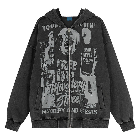 Vandvasket Hættetrøje i Vintagestil med Print Løstsiddende Lynlåsjakke til Forår/Efterår