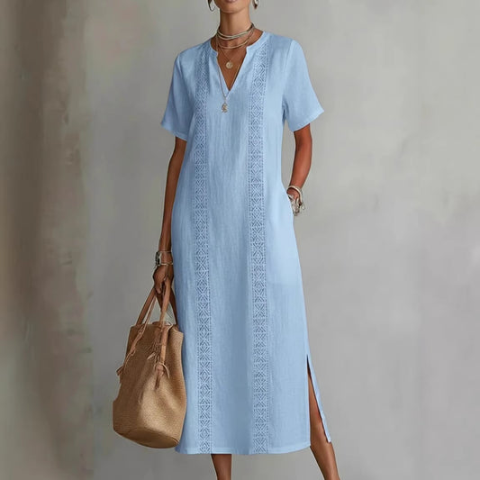Women's Retro Hollow-Out Lace V-Neck Cotton-Linen Dress