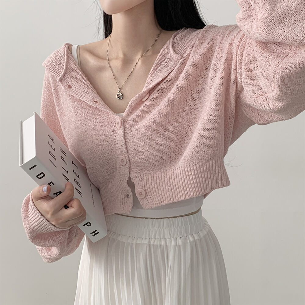 Lazy Style Thin Short Ice Silk Loose Lantern Sleeve Hooded Long-sleeved Cardigan