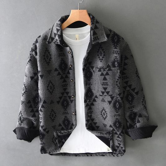 Efterår Ny Retro Jacquard Ulden Langærmet Casual Skjorte til Mænd