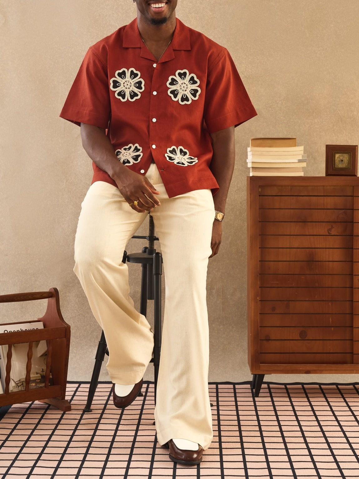 Men's Rust Red Floral Crochet Camp Collar Short Sleeve Shirt
