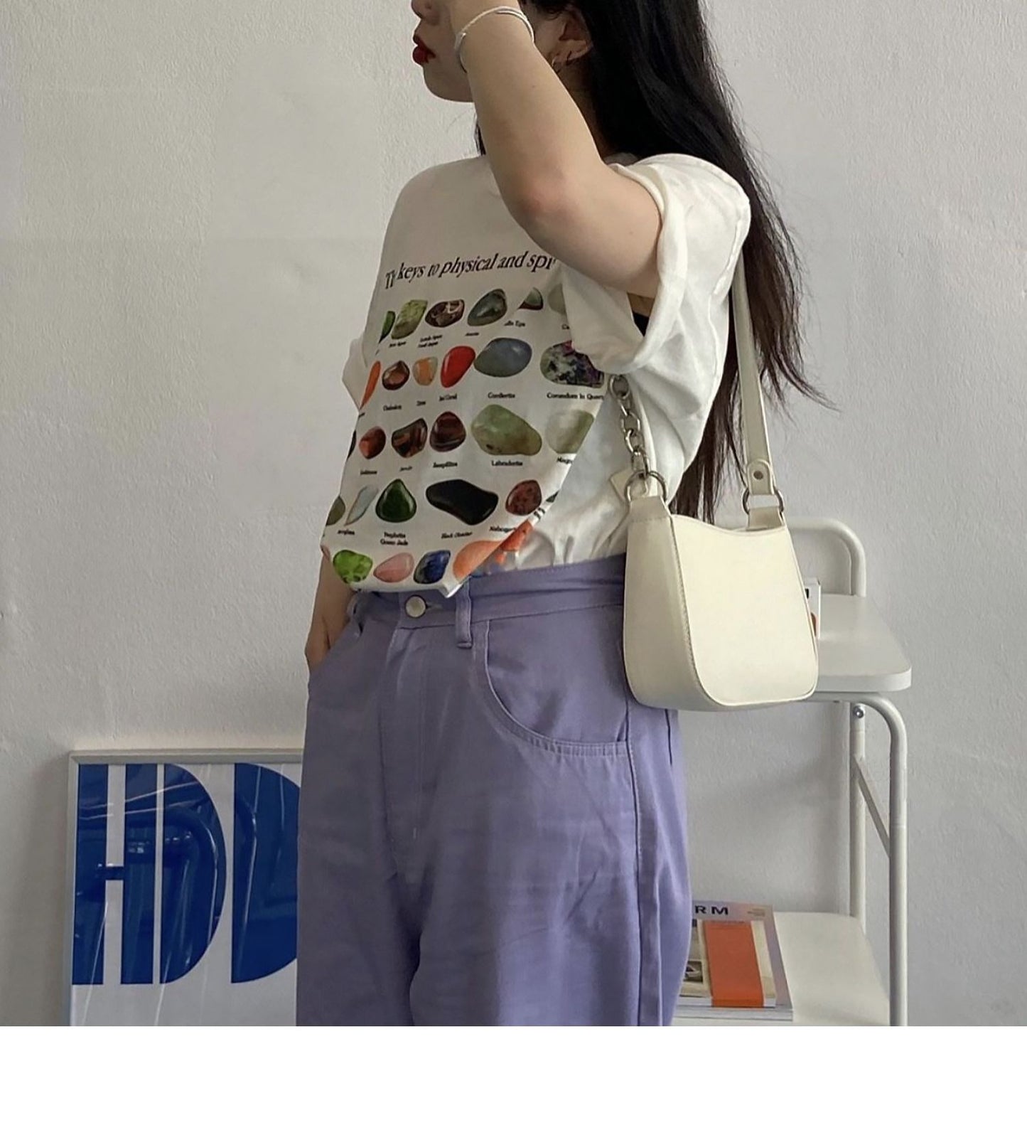 Colored Gemstone Printed Pure Cotton Short Sleeve Loose T-shirt