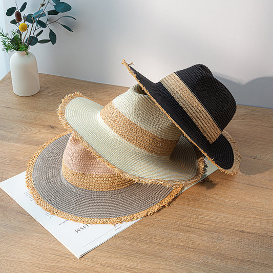 Women's Retro Color Matching Raw Edge Sun Protection Straw Hat
