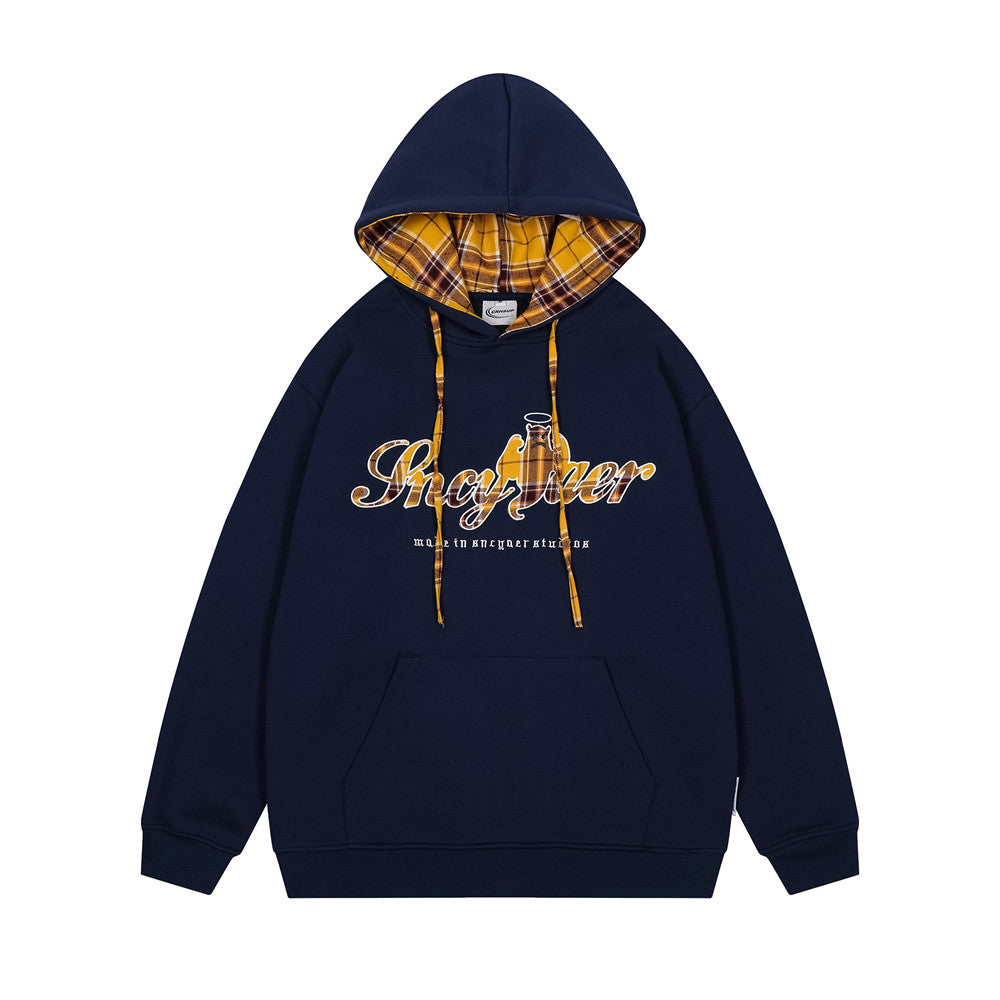 Plaid Applique Letters Hooded Sweater