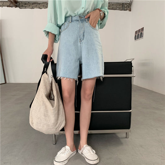 High-waisted Wide-leg Denim Shorts With Raw Edges