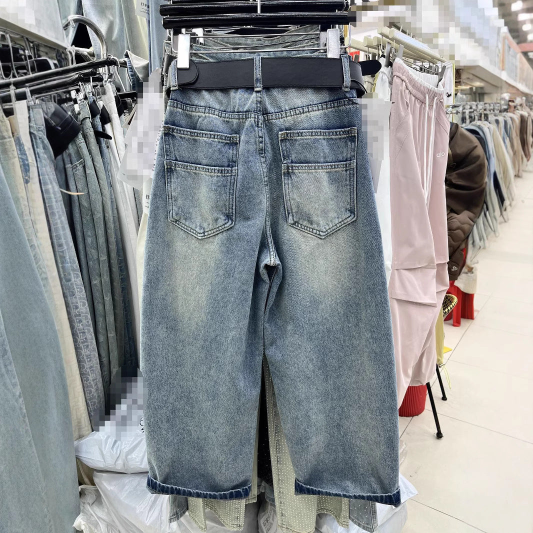 Cropped Straight High Waist Slimming Holes Wide-leg Pants