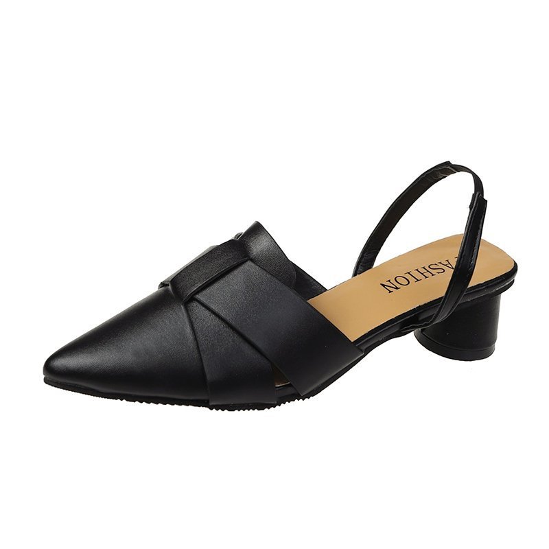 One Word Strap Sandals Mid-heel Toe Cap Half Slippers