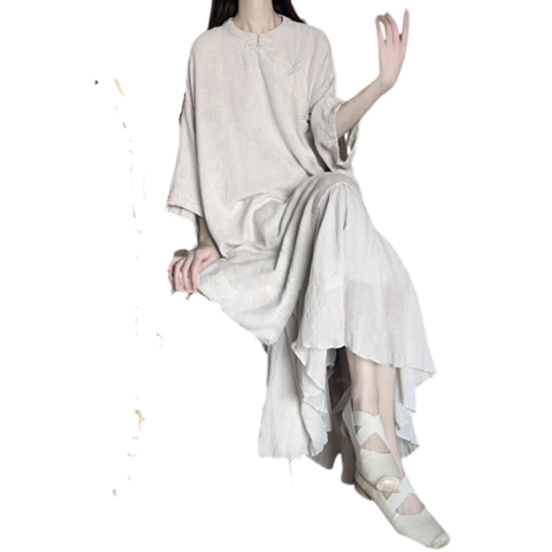 Cotton-Linen Artistic Retro Slant-Collar Button-Front Zen-Style Short-Sleeve Dress