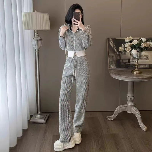 Overseas Temperament Slim Hooded Cardigan Wide-leg Pants Two-piece Set