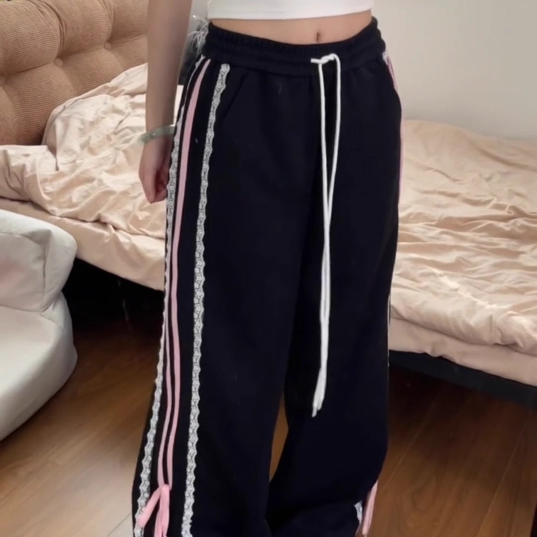Black Sweet Cool Lace Ribbon Stitching Sports Pants
