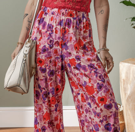 Purple Floral Wide Leg Elastic High Waist Pants