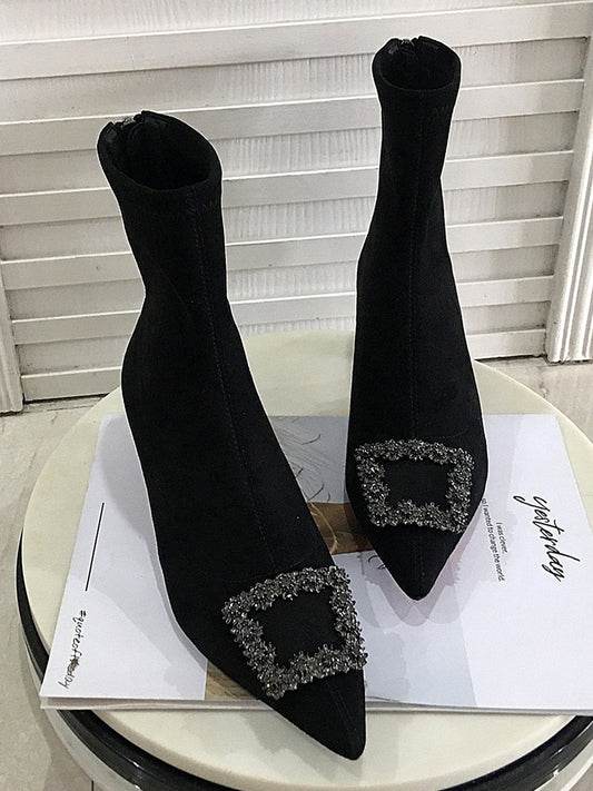 Rhine-drill Pointed High Heels Square Buckle Elastic Boots Large Size Ankle Boots Low Heel