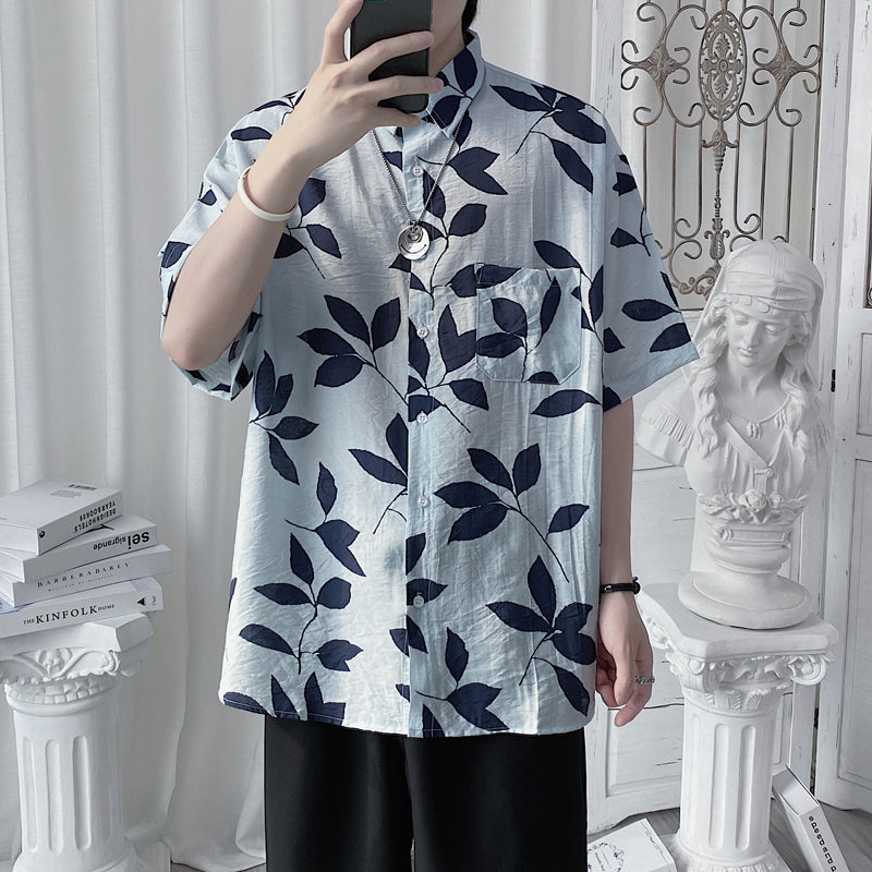Summer Simple And Loose Full Printed Leaves Short Sleeves