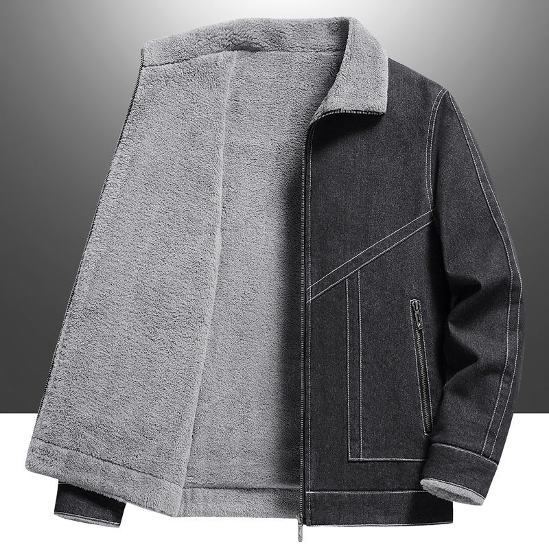 Denim Men's Fleece-lined Thickened Korean Style Lapel Youth Casual Jacket