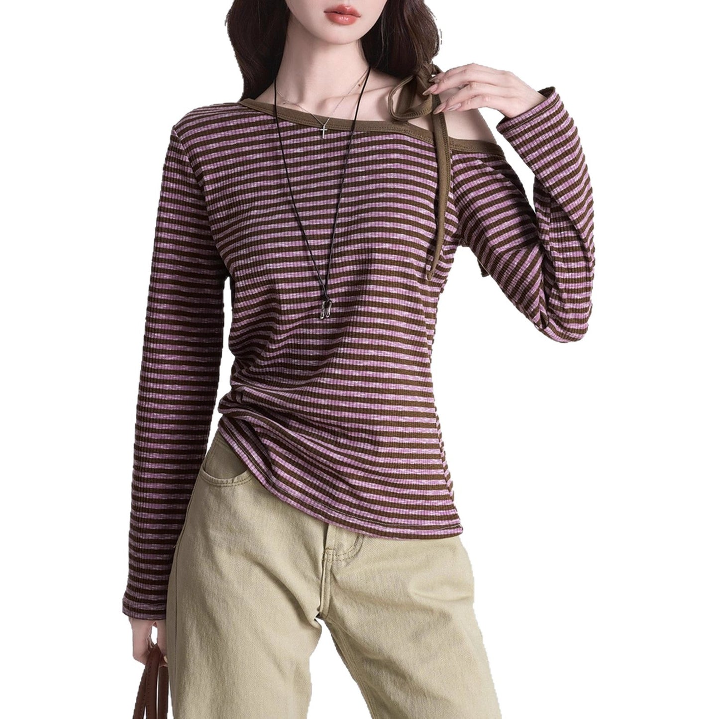 Purple Striped Off-shoulder Long Sleeve Women's Slim Base Shirt