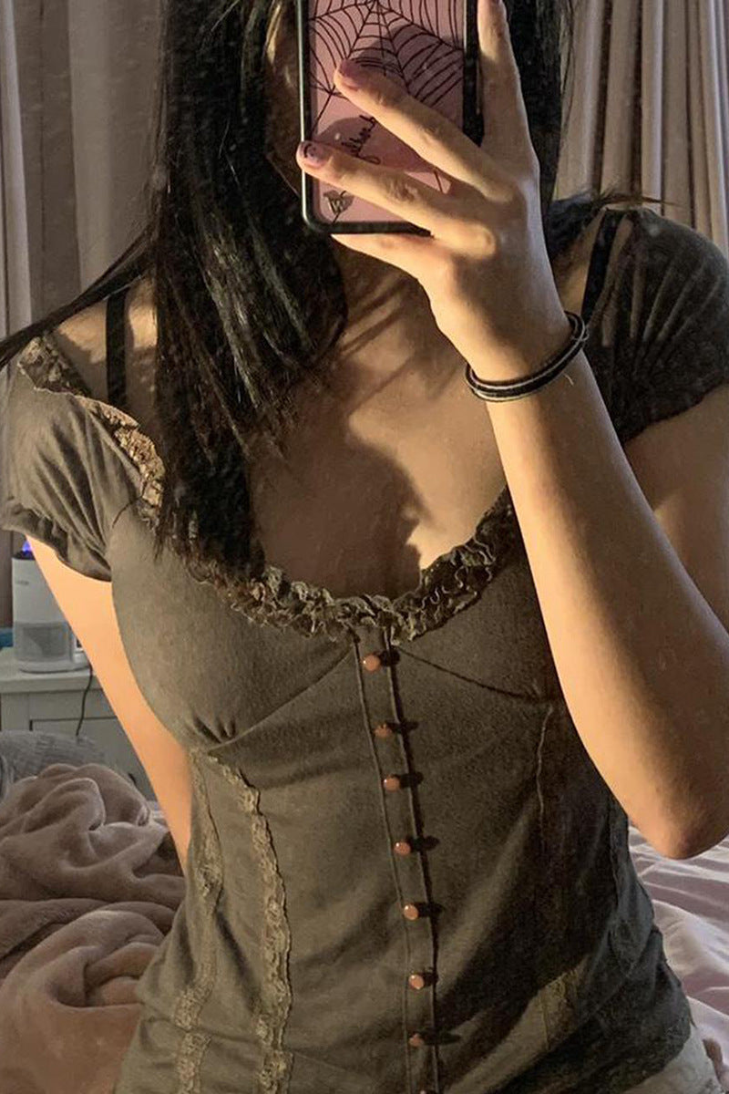 Amazon Women's Lace Button V-neck Top
