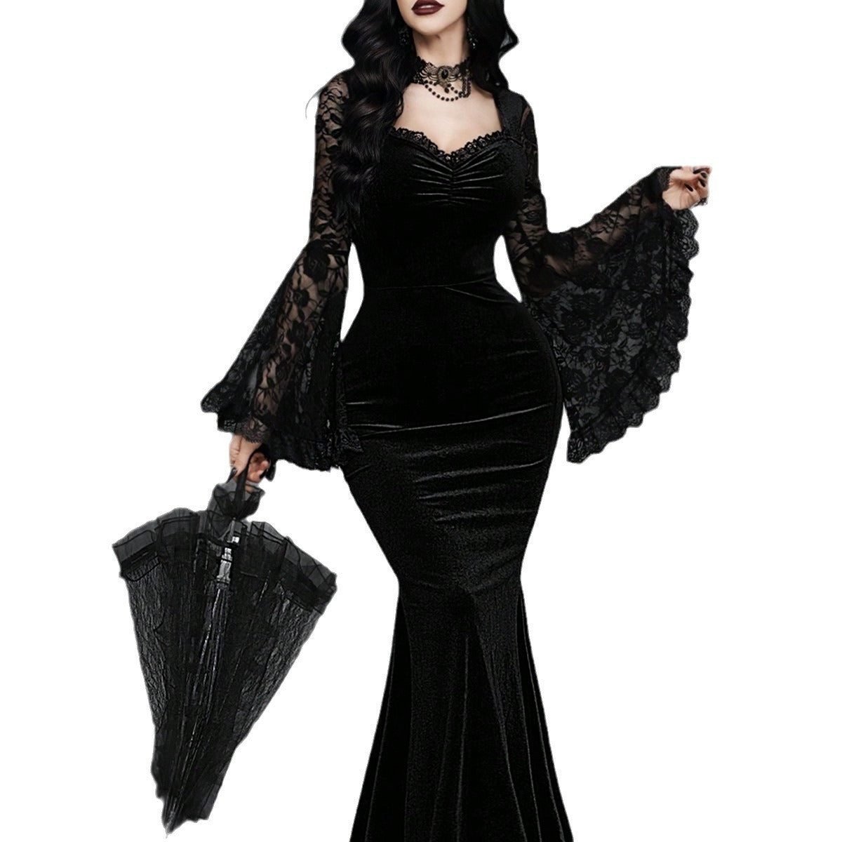 Lace-panelled Cinched-waist Dress With Flared Sleeves