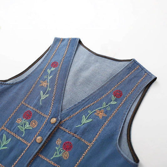 Heavy-Duty Embroidered Ethnic-Style V-Neck Denim Vest