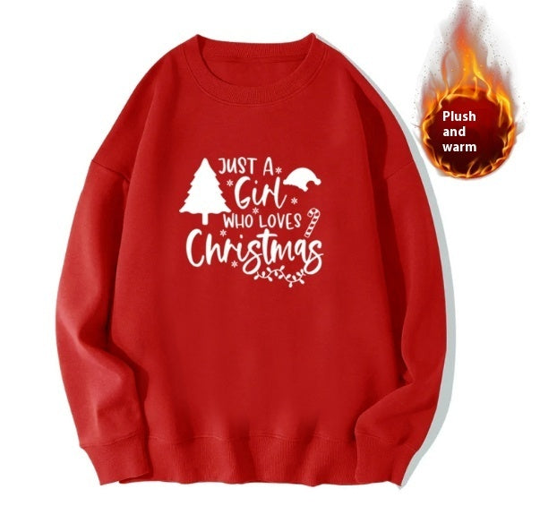 Red Sweater Christmas Fleece-lined Deer Round Neck Couple