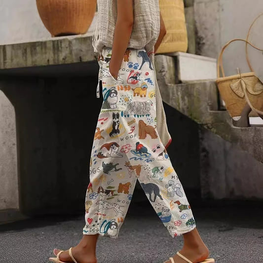 Digital Flower Printing Rag-eared Casual Pants