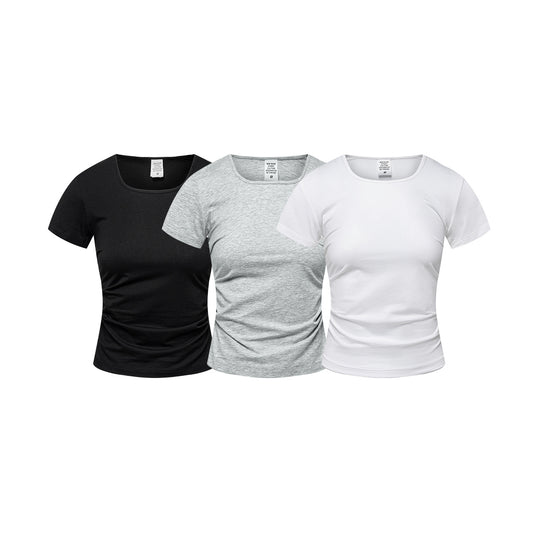 Solid Color Square Collar Shoulder Short Sleeve Slimming European And American