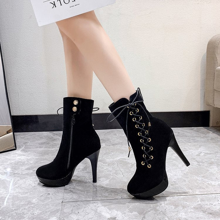 European And American Autumn And Winter High Heel Lace Up Short Boots